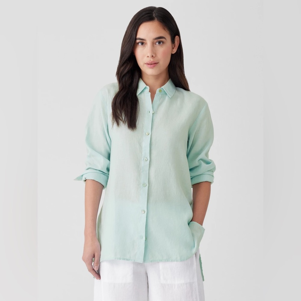 Eileen Fisher Handkerchief Linen Classic Collar Shirt Seawater Sz XL